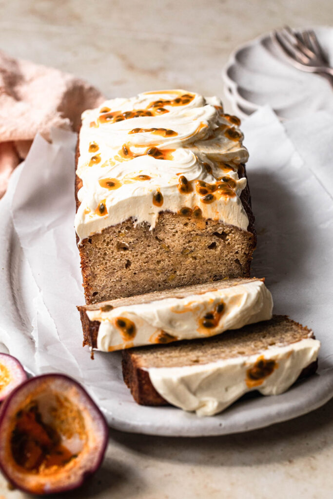 Buttery Banana Bread with Passionfruit Cream Cheese Frosting