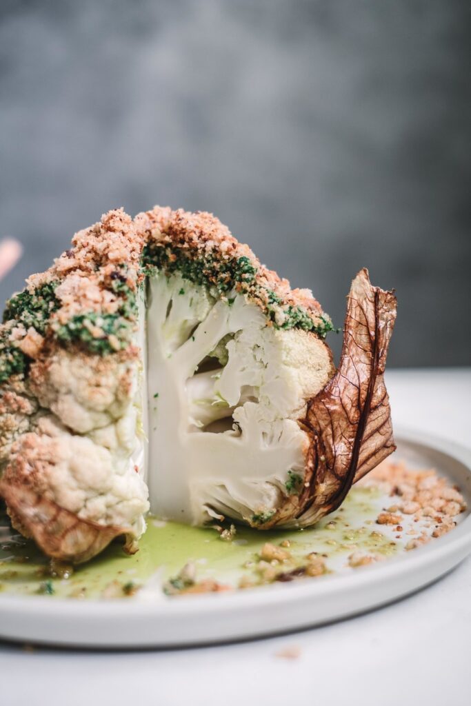 Whole Roasted Cauliflower with Herb Sauce and Crispy Breadcrumbs