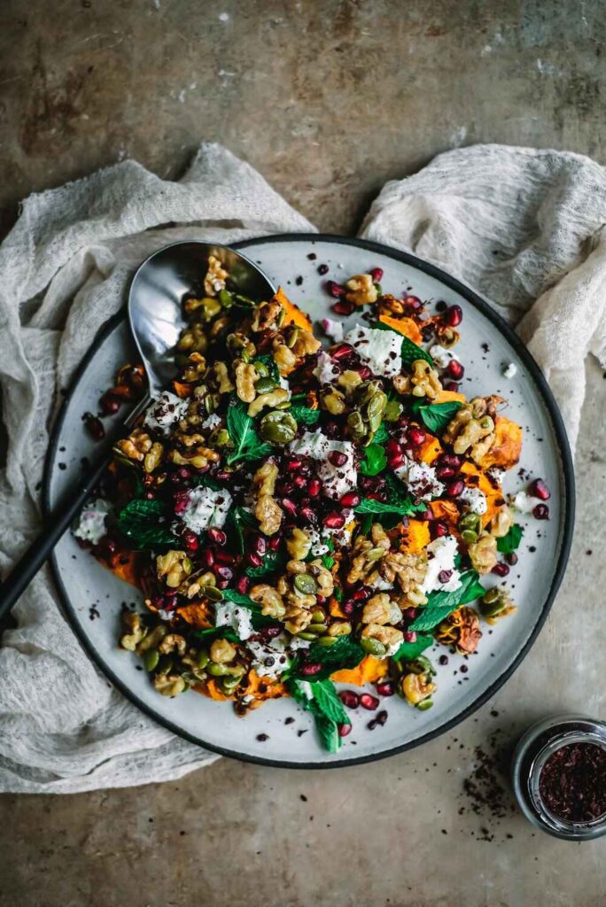 Roasted Pumpkin Salad with Goat’s Cheese, Pomegranate and Honeyed Walnuts